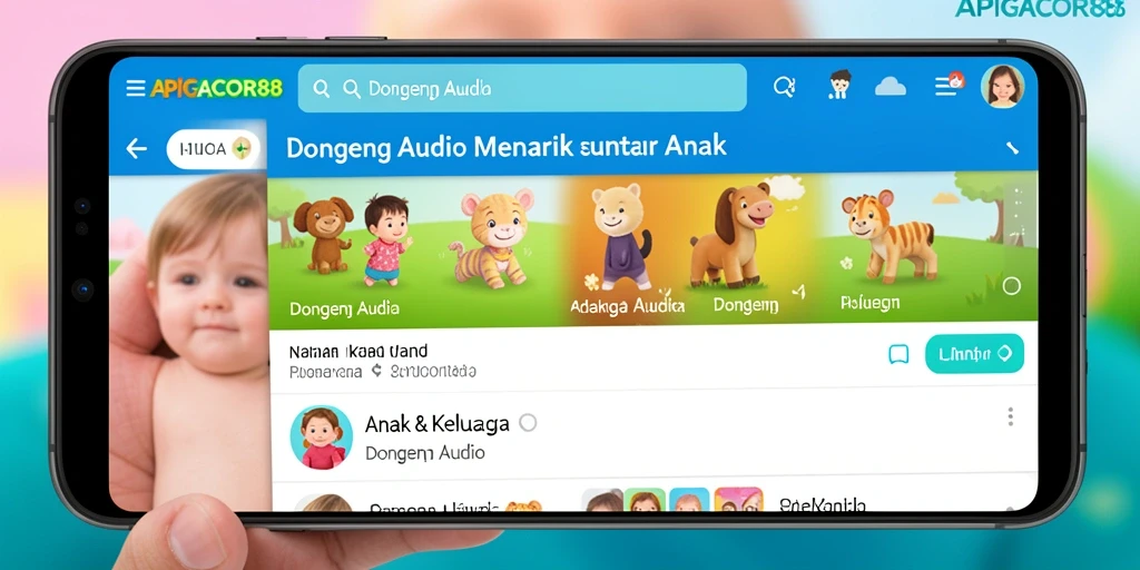 Tampilan antarmuka APIGACOR88 menunjukkan berbagai pilihan dongeng audio.