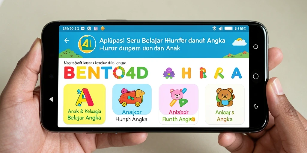 Antarmuka aplikasi BENTO4D untuk belajar huruf dan angka.
