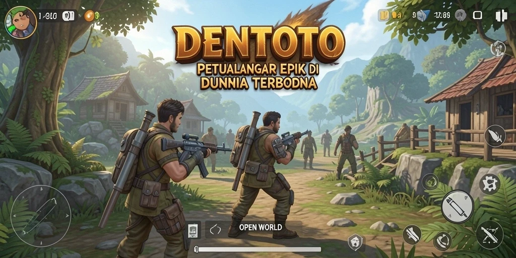 Screenshot antarmuka permainan DENTOTO yang menampilkan dunia terbuka.