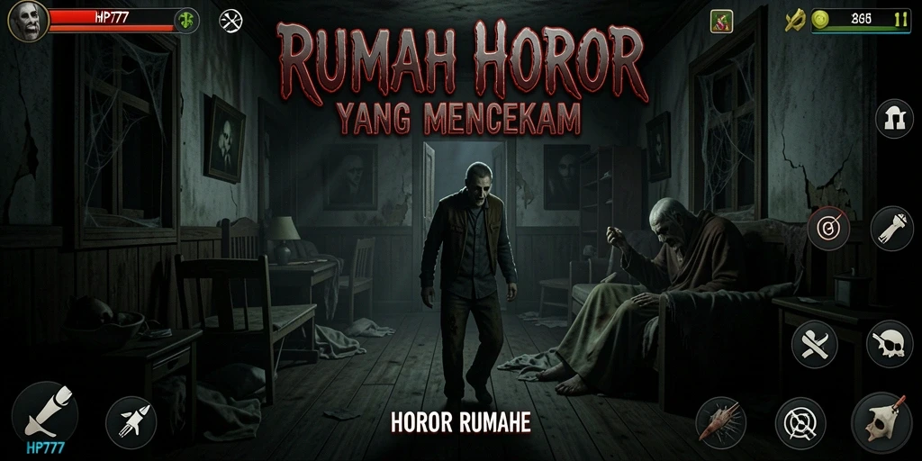 Tampilan antarmuka HP777 dengan suasana rumah horor yang mencekam.