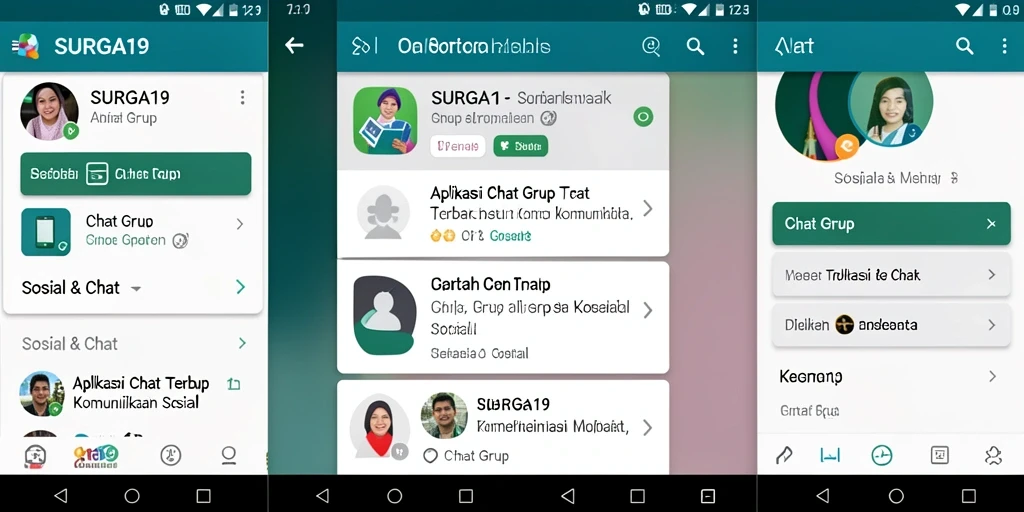 Antarmuka SURGA19 menunjukkan fitur-fitur Chat Grup yang lengkap.