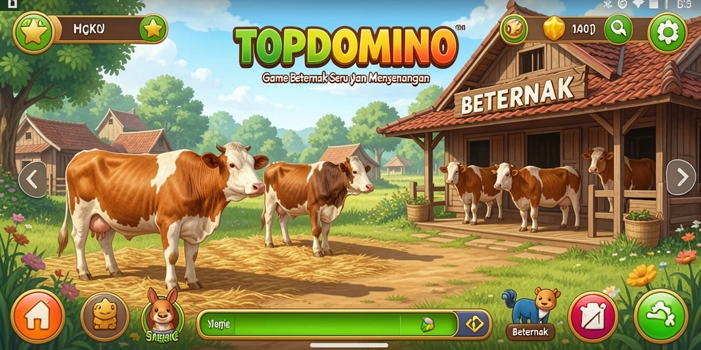 Antarmuka <strong>TOPDOMINO</strong> menampilkan peternakan yang cerah dan interaktif.